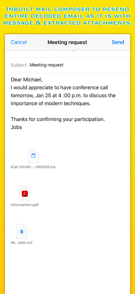Der integrierte E-Mail-Composer von Winmail Reader, der eine dekodierte E-Mail mit extrahierten Anhängen, einschließlich Kalender- und Kontaktdaten, anzeigt.
