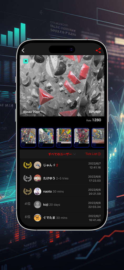 Climbing app leaderboard and route details screen.