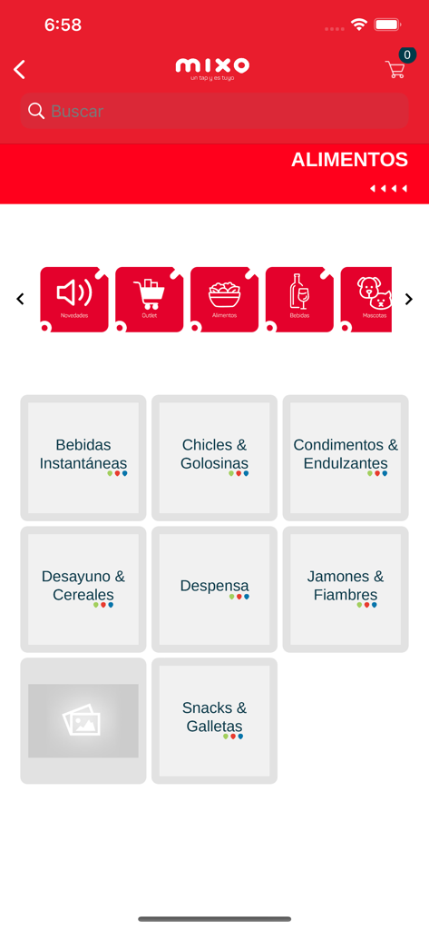 Tela do aplicativo móvel Mixo mostrando categorias de supermercado, como despensa e lanches, em espanhol