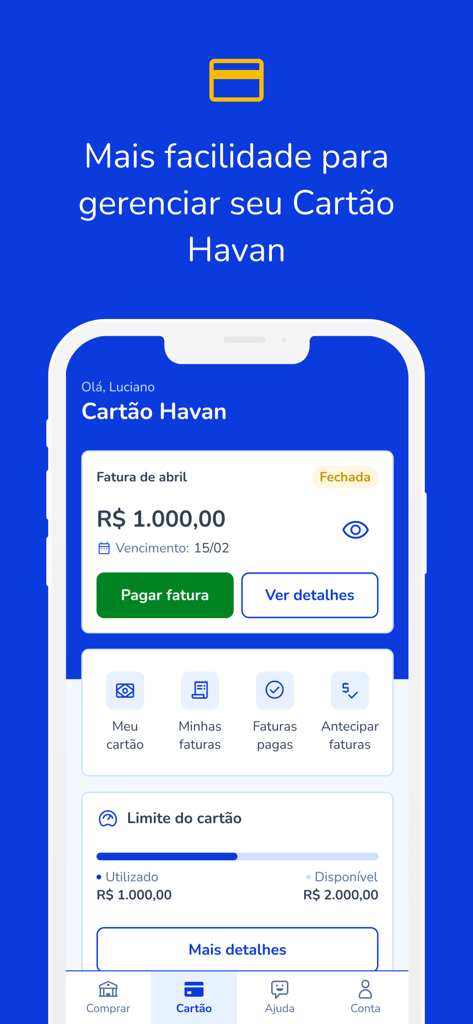 Interface of the Havan app showing store credit card management features including invoices, payments, and credit limits