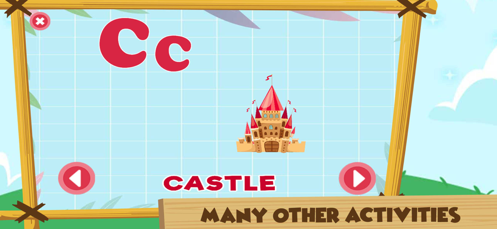Pantalla de juego de aprendizaje para niños que muestra la letra C y un castillo