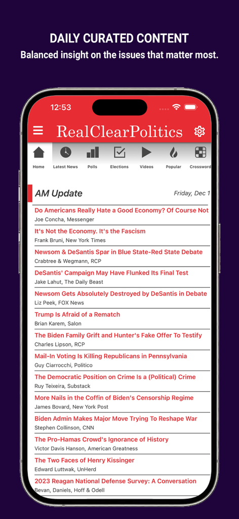 Real Clear Politics app showing daily curated political news headlines
