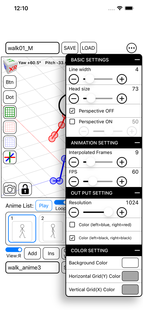 Stick Figure 3D Pose - Il menu delle impostazioni dell'app Stick Figure 3D Pose che mostra i controlli di animazione e output.