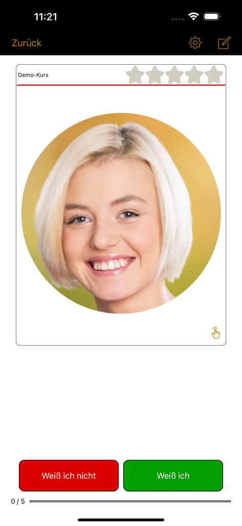 TT Tutor - Flashcard interface in the TT Tutor app featuring a student photo and quiz buttons