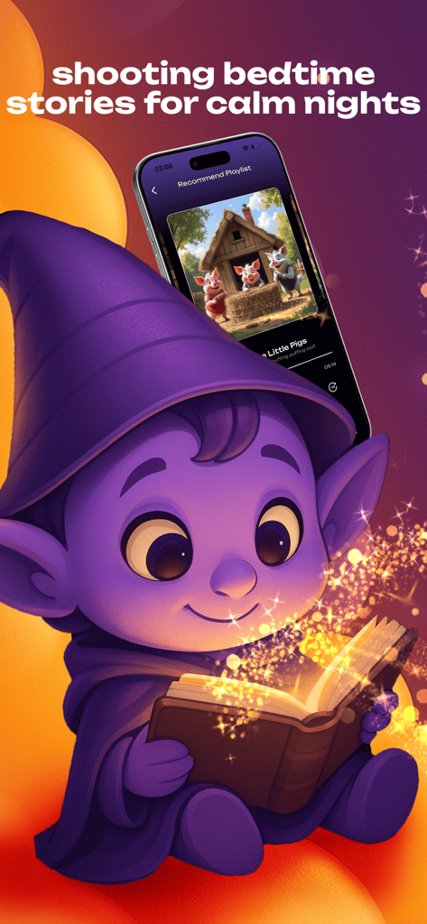 Ein süßer lila Charakter liest ein magisch leuchtendes Buch neben einem Smartphone, das die Traumhafte Gute-Nacht-Geschichten App anzeigt