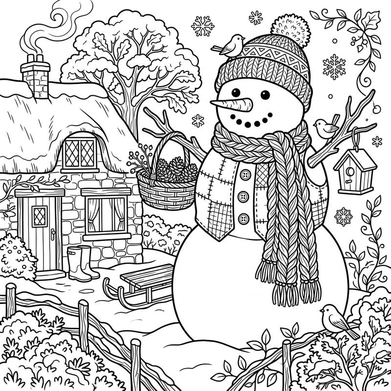 Step into a whimsical winter wonderland with our delightful giant snowman coloring page, brimming with rustic cottagecore charm. This enchanting scene invites you to add vibrant colors to its cozy details and friendly winter inhabitants.
