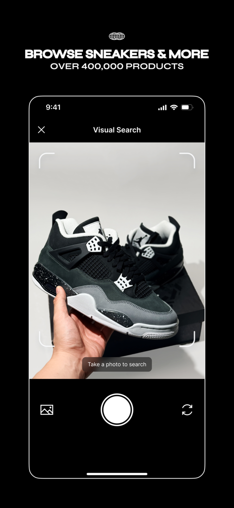 KICKS CREW app visual search interface identifying a black and grey sneaker