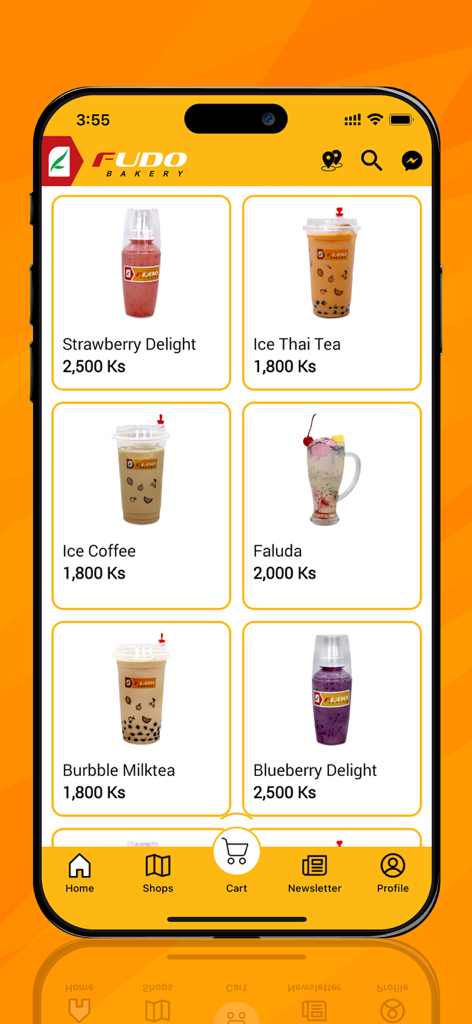 Fudo - Fudo Bakery app interface showing beverage options like iced tea and bubble milk tea