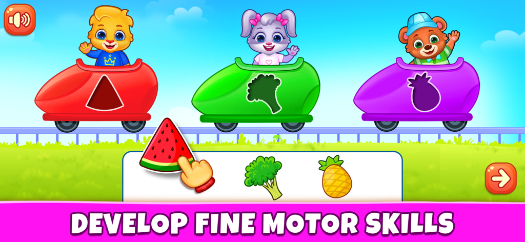 Kids Games: For Toddlers 3-5 - Un juego de clasificación preescolar donde los niños pequeños emparejan frutas y verduras con vagones de tren de colores para desarrollar habilidades motoras finas.