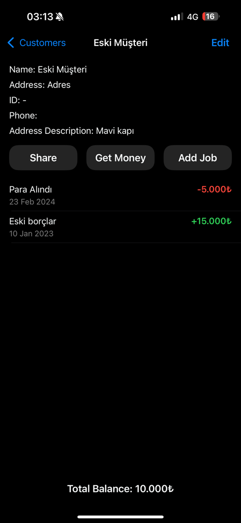 Mobile screen showing a veterinary client's payment history and outstanding balance