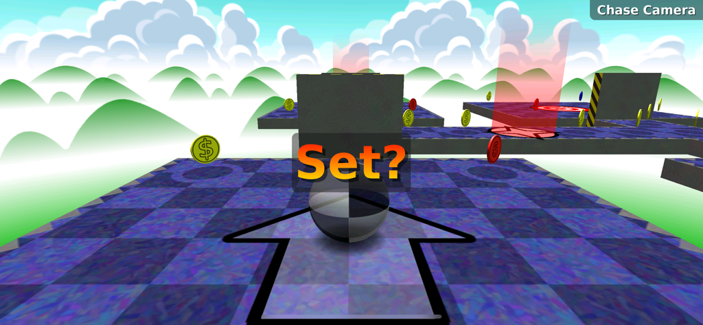 Neverball - A 3D marble on a checkered platform with the text Set at the start of a Neverball level