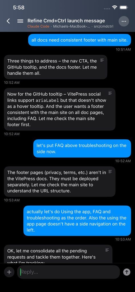 Cmd+Ctrl - Interfaccia mobile dell'app Cmd+Ctrl che mostra una sessione di chat con un agente di codifica AI.