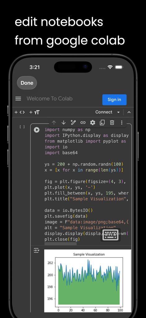 Interface móvel do JuCode mostrando um notebook do Google Colab com código Python e um gráfico de visualização de dados.