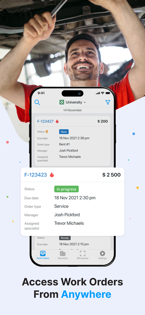 Orderry - A mobile phone displaying a work order list in the Orderry app with a mechanic working on a car in the background.