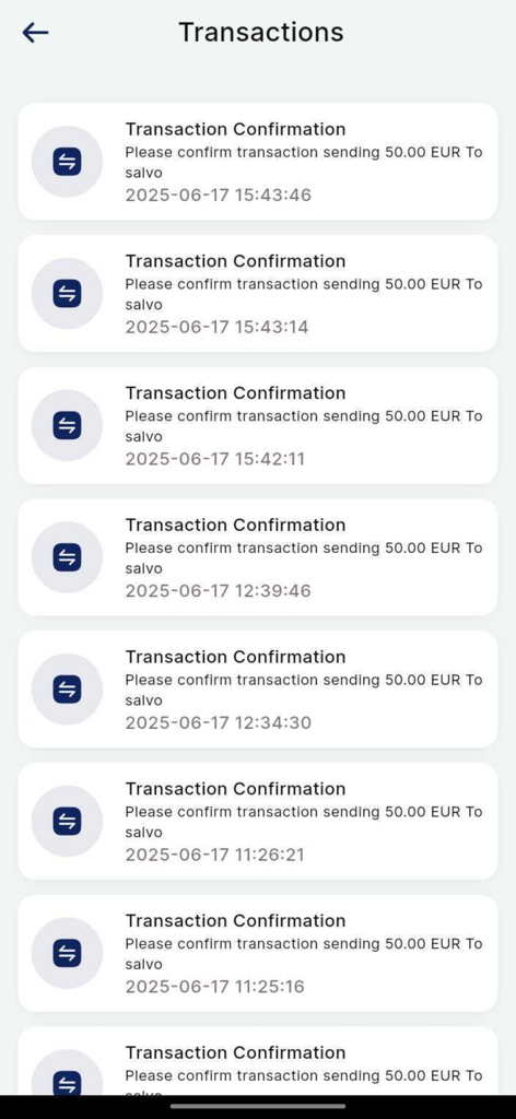Codego KYC - Ein mobiler App-Bildschirm, der eine Liste von Transaktionsbestätigungen für den Versand von 50,00 EUR in der Codego KYC App anzeigt.