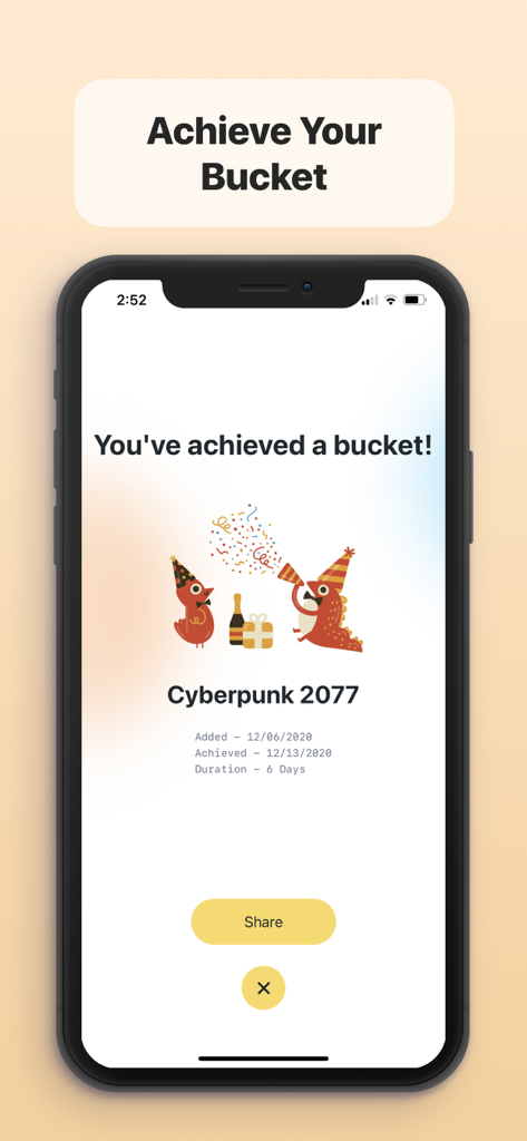 Smartphone screen showing a celebratory message for achieving a bucket list goal