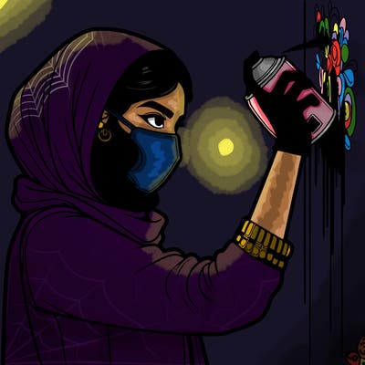 realistic girl with mask spray painting a wall