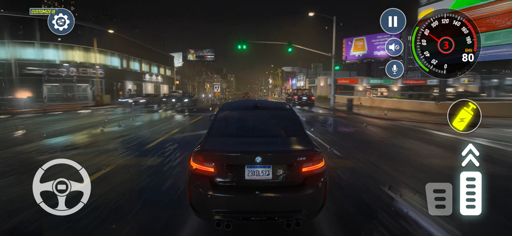 Car Racing Real Driving Games - Third person view of a black sports car racing through neon lit urban streets at night with a driving interface