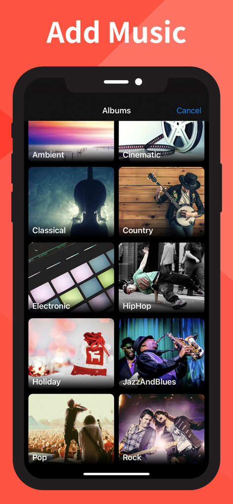 Slow-Fast Motion Video Editor - Interface of the Slow-Fast Motion Video Editor app showing various music genres like Pop Rock and HipHop to add to videos