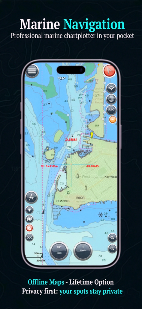 Handy mit einer Seekarte von Key West in der Marine Navigation Lite App