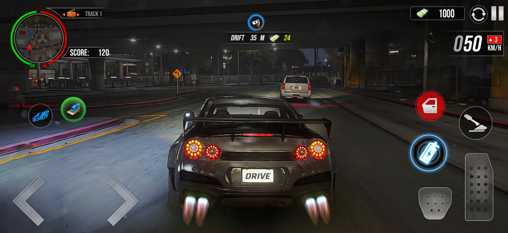 Car Drifting Night Driving - Rear view of a sports car drifting on a city street at night with neon exhaust and gameplay interface