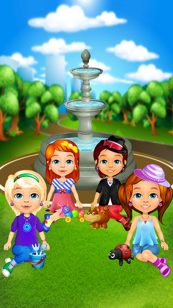 Baby & Mommy Story - Kids Games (Boys & Girls) - Four cartoon girls sitting on grass in front of a park fountain