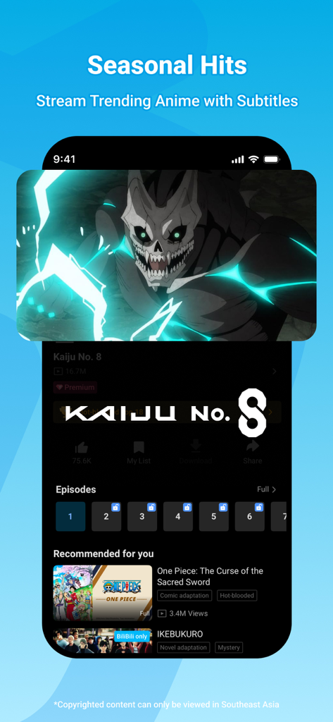 BiliBili -HD Anime, Videos - BiliBili mobile app screen showing the Kaiju No 8 anime player with episode selection and seasonal hits recommendations