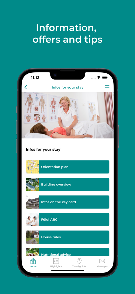 Földiklinik - Screenshot der Földiklinik-Mobil-App, der den Bereich 'Informationen für Ihren Aufenthalt' mit Behandlungsbildern und Klinik-Orientierungsoptionen anzeigt.