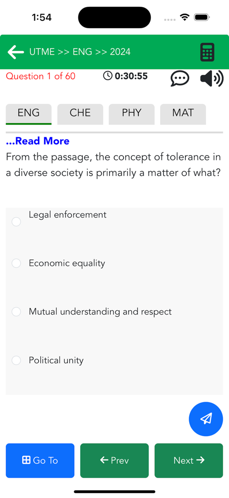 Interfaz de aplicación móvil que muestra un examen de práctica JAMB UTME para inglés con una pregunta de opción múltiple y un temporizador.