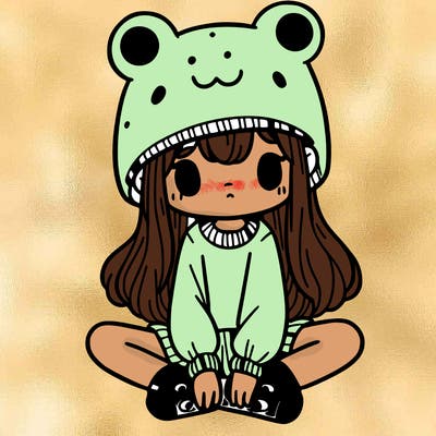 a girl wearing a frog hat and some frog socks