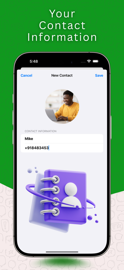 Una interfaz de aplicación móvil para introducir nueva información de contacto, incluidos los campos de nombre y número de teléfono.