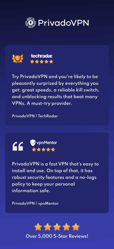 Avis d'experts sur PrivadoVPN de TechRadar et vpnMentor avec des notes de 5 étoiles