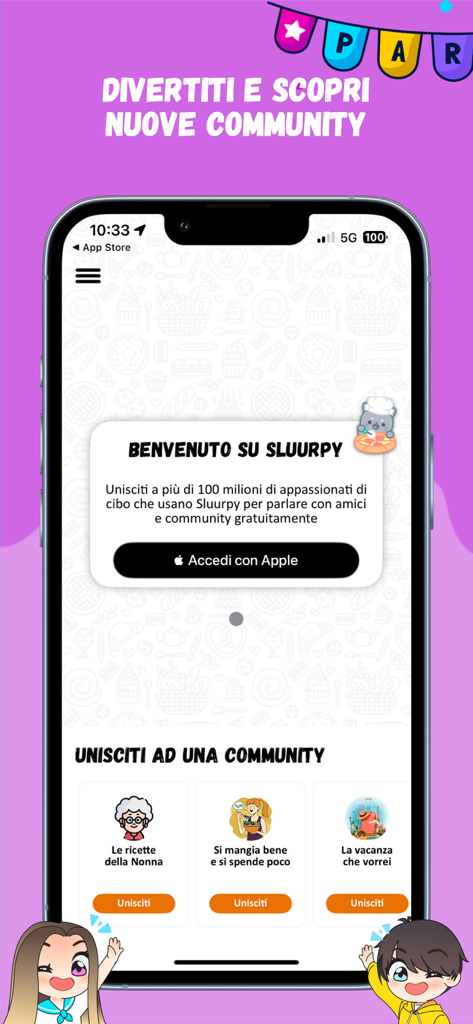 Sluurpy - eat & share - Écran d'accueil de l'application Sluurpy montrant diverses communautés culinaires à rejoindre et une option de connexion.