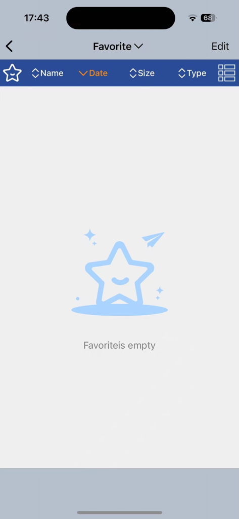 OTG Flash Pro - Empty favorites screen in the OTG Flash Pro app with file sorting options