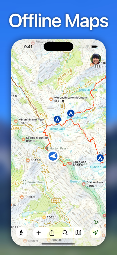 Topo Maps+ - Topo Maps plus app showing offline topographic map with a red trail route and campsite icons for backcountry hiking.