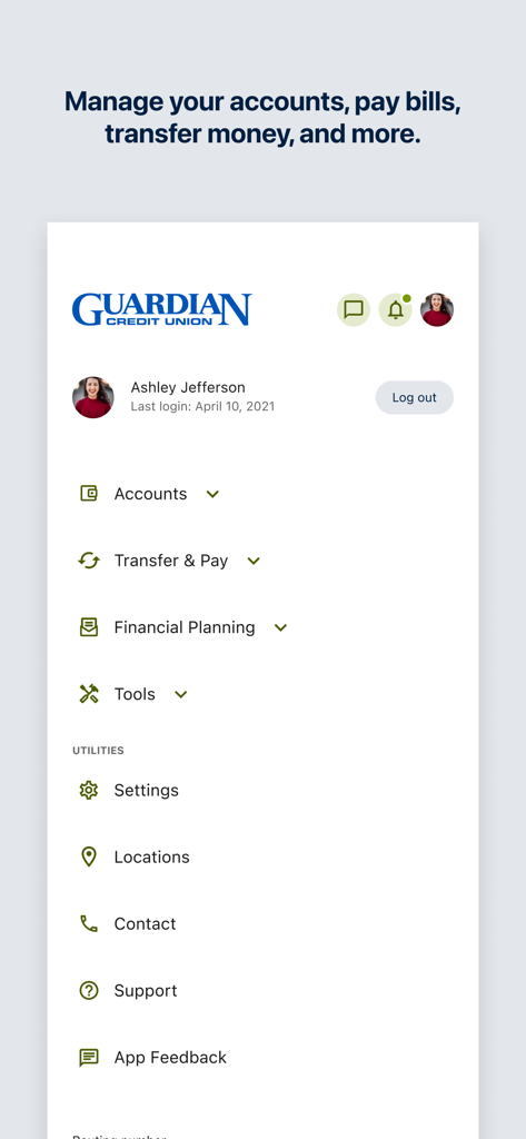 Guardian Credit Union Alabama - Guardian Credit Union Alabama mobile app interface showing a menu for accounts, transfers, financial planning, and utilities like locations and support.
