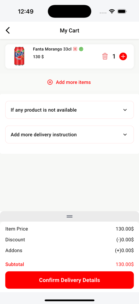 Mazoneat - 마조니트 앱의 결제 화면에 장바구니 항목과 가격 요약, 배달 확인 버튼이 표시됩니다.
