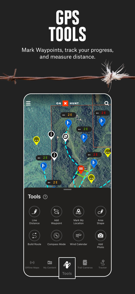 onX Hunt app interface showing GPS tools waypoints and map tracking features for hunters