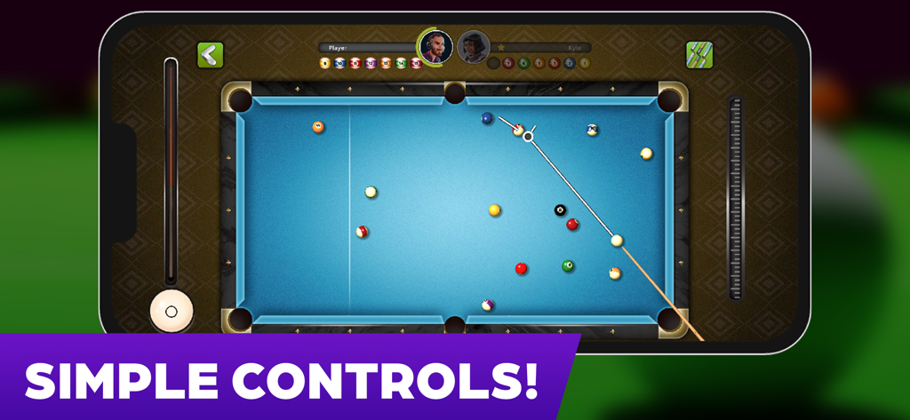 8 Ball Billiards Offline mobile game interface featuring simple controls on a blue pool table