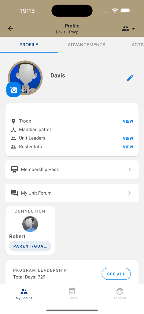 Scouting - Profile page of the Scouting app showing scout troop and patrol information.