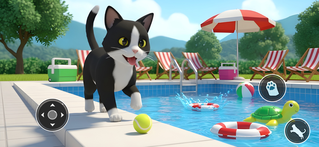 Cat Life Simulator: Cat & Mice - A black and white cat walks by a swimming pool in a simulation game