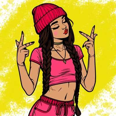 realistic teenage girl with braids and a beanie and crop top doing 🫶🏼