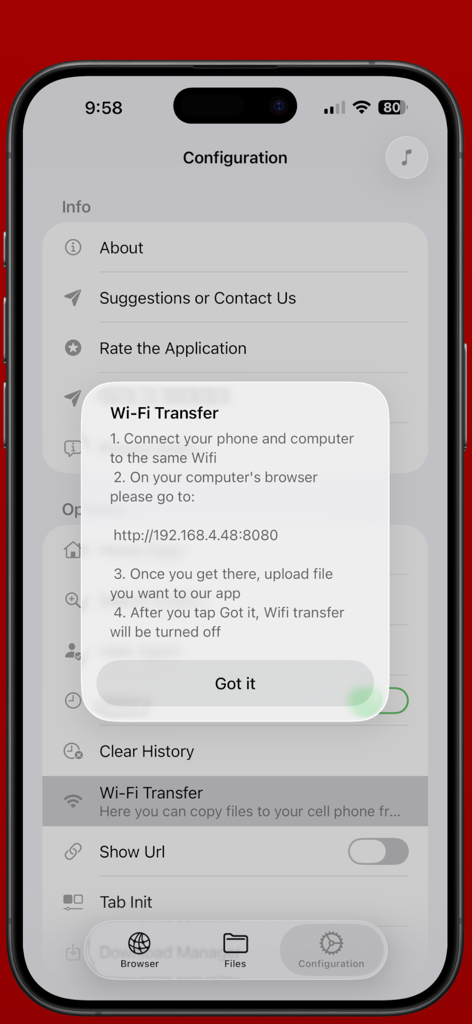 A tela de configuração de transferência Wi-Fi no aplicativo eFiles Pro File Manager mostrando instruções para compartilhamento de arquivos sem fio
