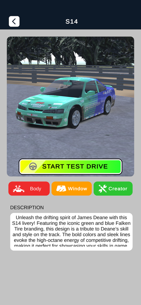 Skins Simulator for Fr Legends - Coche de drift S14 con diseño Falken y botón de prueba de manejo en Skins Simulator for Fr Legends