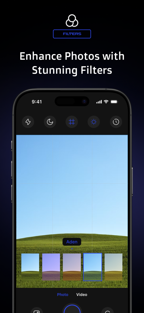 Ultra Camera 200x - Super Zoom - iPhone camera app interface showing various professional photo filter presets for enhancing landscape shots