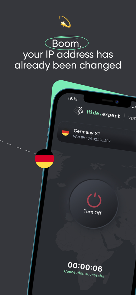 Hide Expert VPN - Hide Expert VPN app interface showing a successful connection to a German server with the text your IP address has already been changed