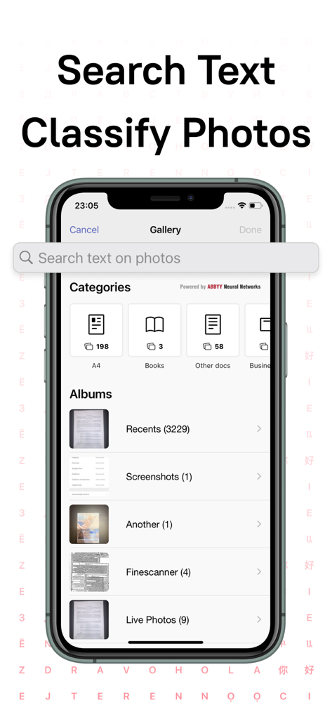 FineReader app interface showing AI-powered document classification and search text on photos feature.