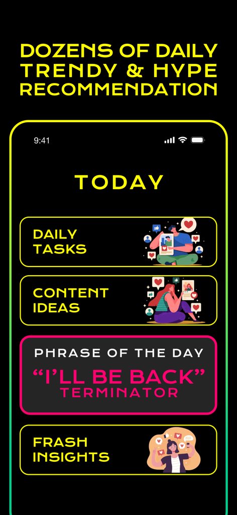 Likes for Instagram: iBooster - Instagramの毎日のタスクとコンテンツの推奨事項を表示するiBoosterの「Today」セクションのモバイルアプリインターフェース