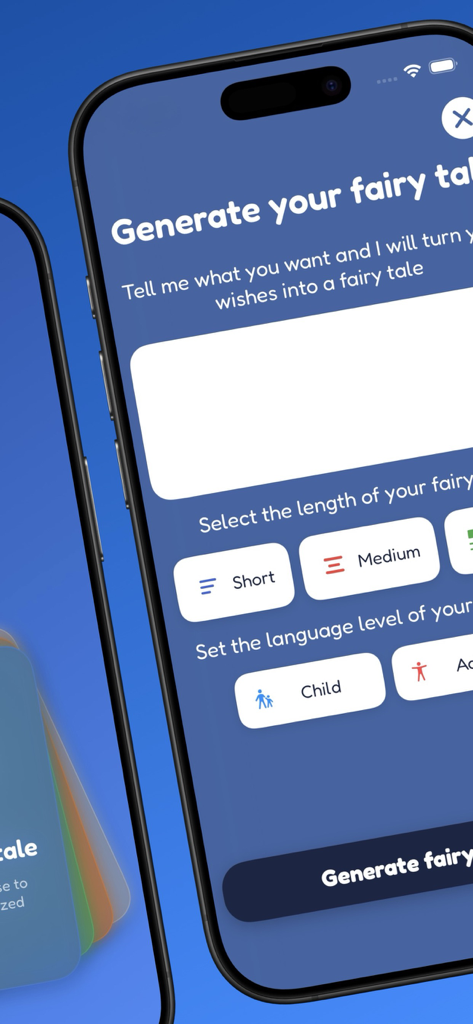 Bookye - Interfaz de la aplicación Bookye para crear cuentos de hadas personalizados con configuraciones de duración y edad