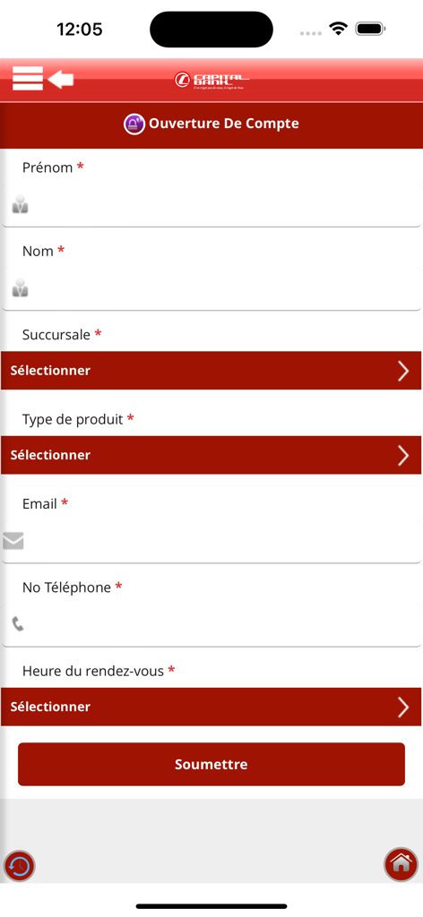 Capital Bank Mobile Banking - Formulario para abrir una nueva cuenta bancaria en la aplicación móvil Capital Bank